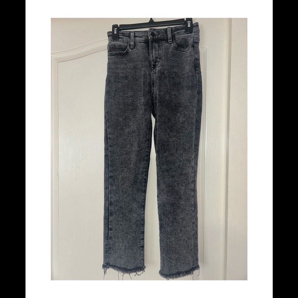 Black and grey straight leg pants.
